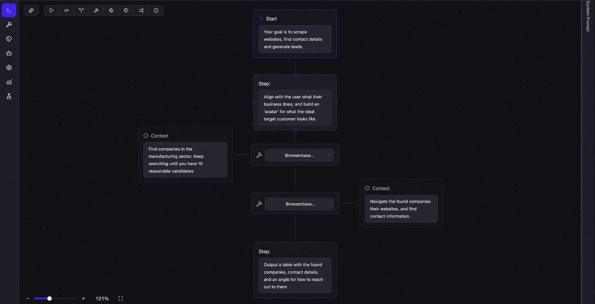 Agentify's flow builder showing a lead-generation agent: a start node and steps wired to Browserbase tools, with context notes alongside.